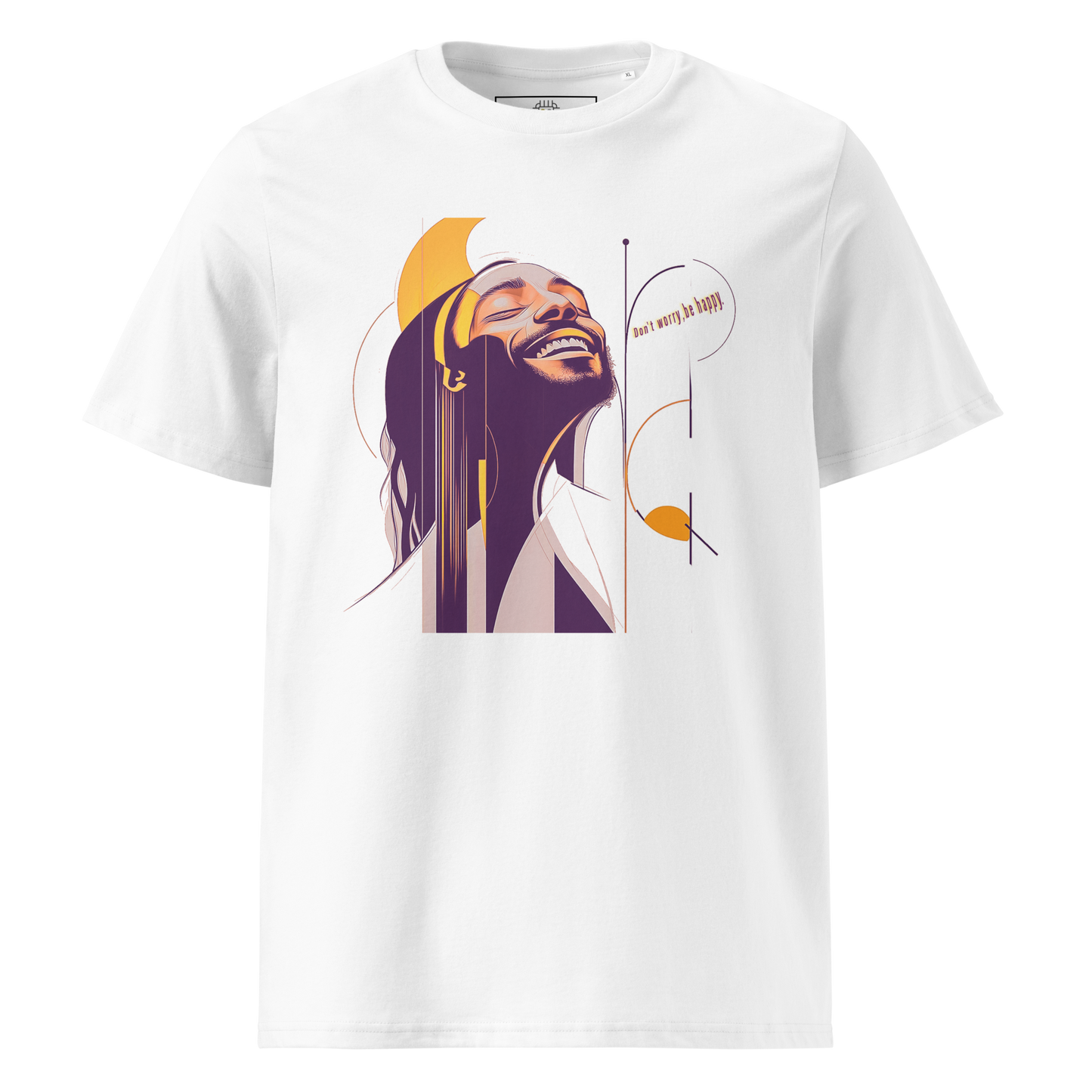 White unisex T-shirt — flat lay, front print: Bob Marley portrait in purple and yellow with text “Be Happy”.