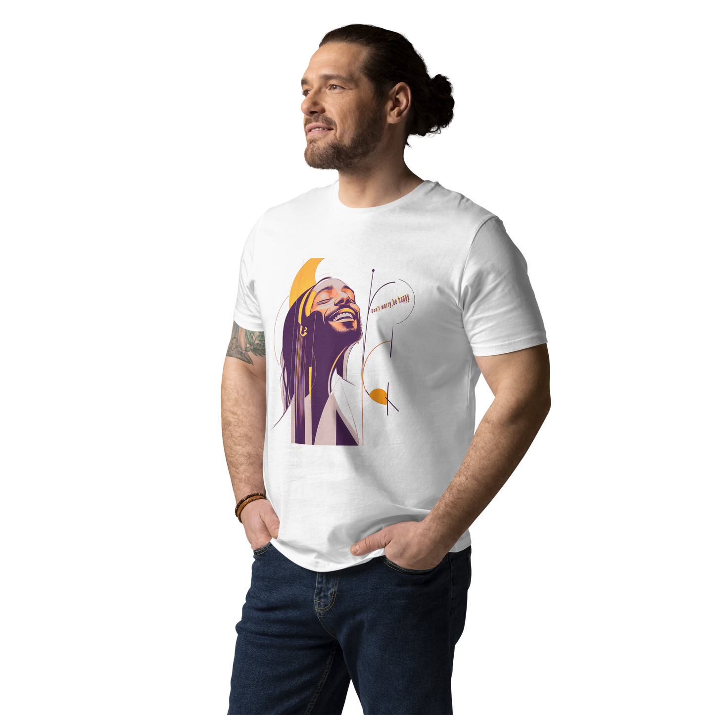 Male model wearing white T-shirt — front print: Bob Marley portrait in purple and yellow with text “Be Happy”.