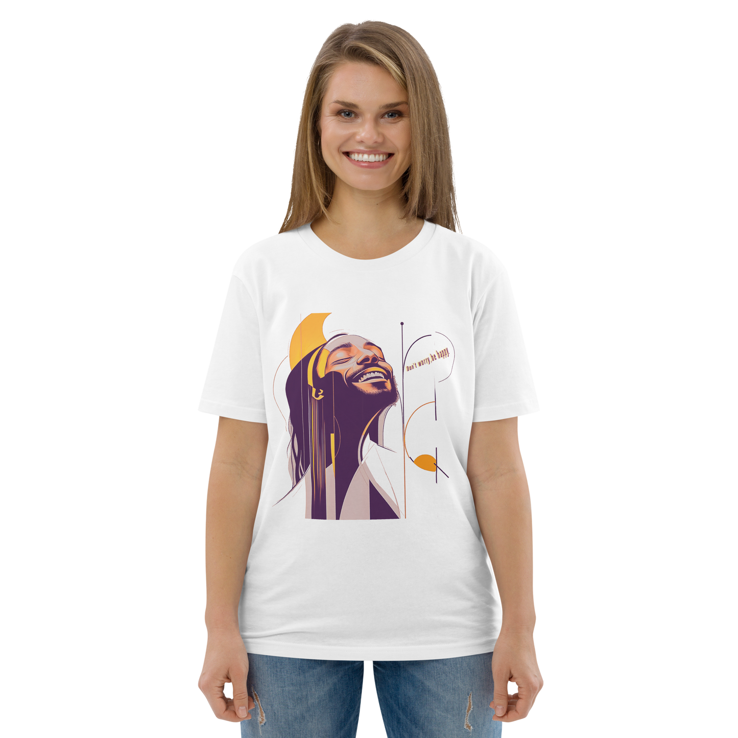 Female model wearing white T-shirt — front print: Bob Marley portrait in purple and yellow with text “Be Happy”.