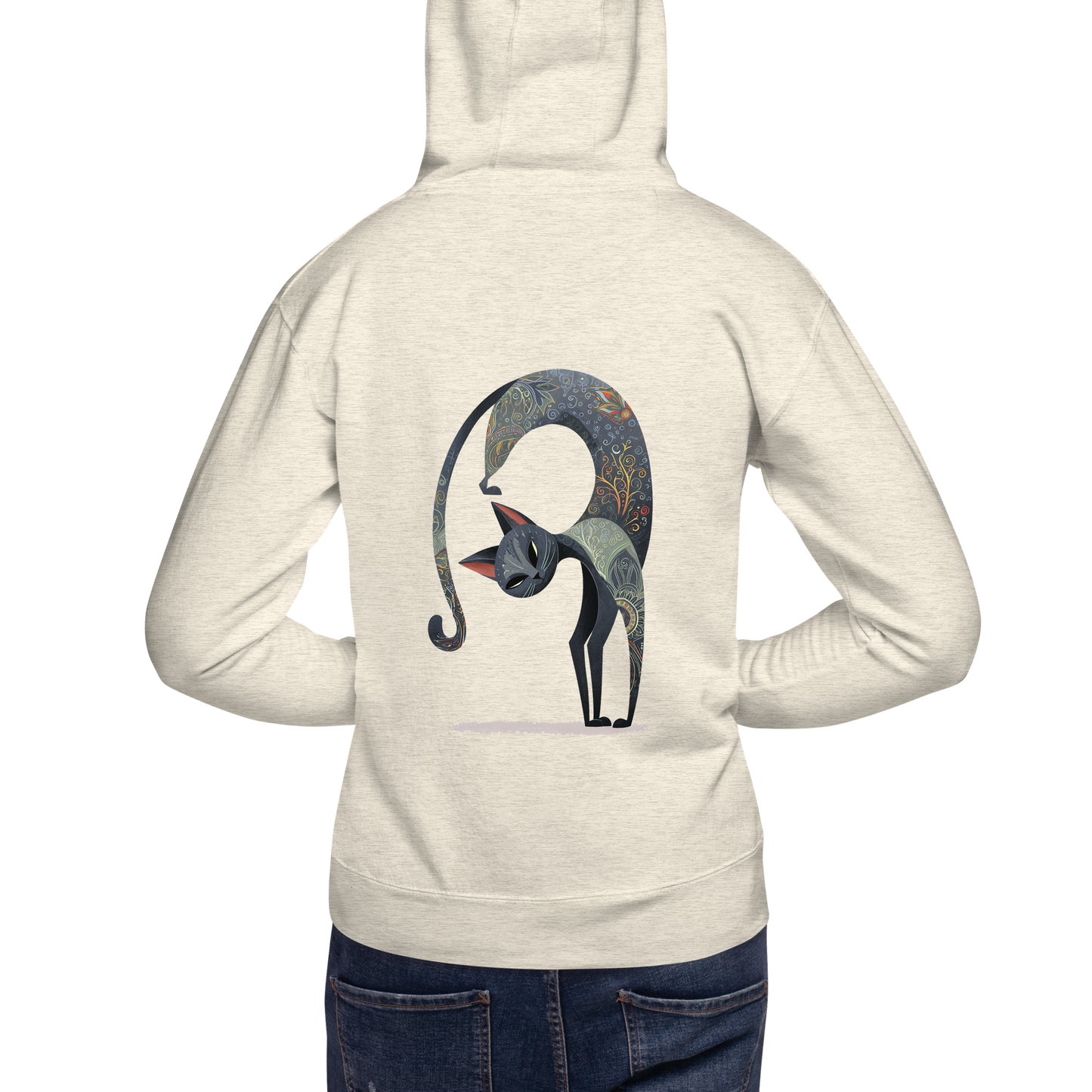 Back view of a sand oversized yoga hoodie featuring a large Cat Marjaryasana illustration