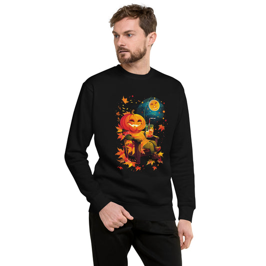 Man wearing black sweatshirt with pumpkin throne Halloween print.