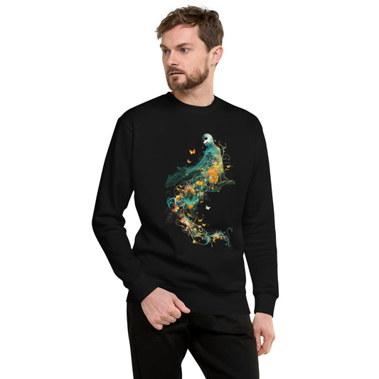 Man wearing navy sweatshirt with ghost and autumn butterflies Halloween design.