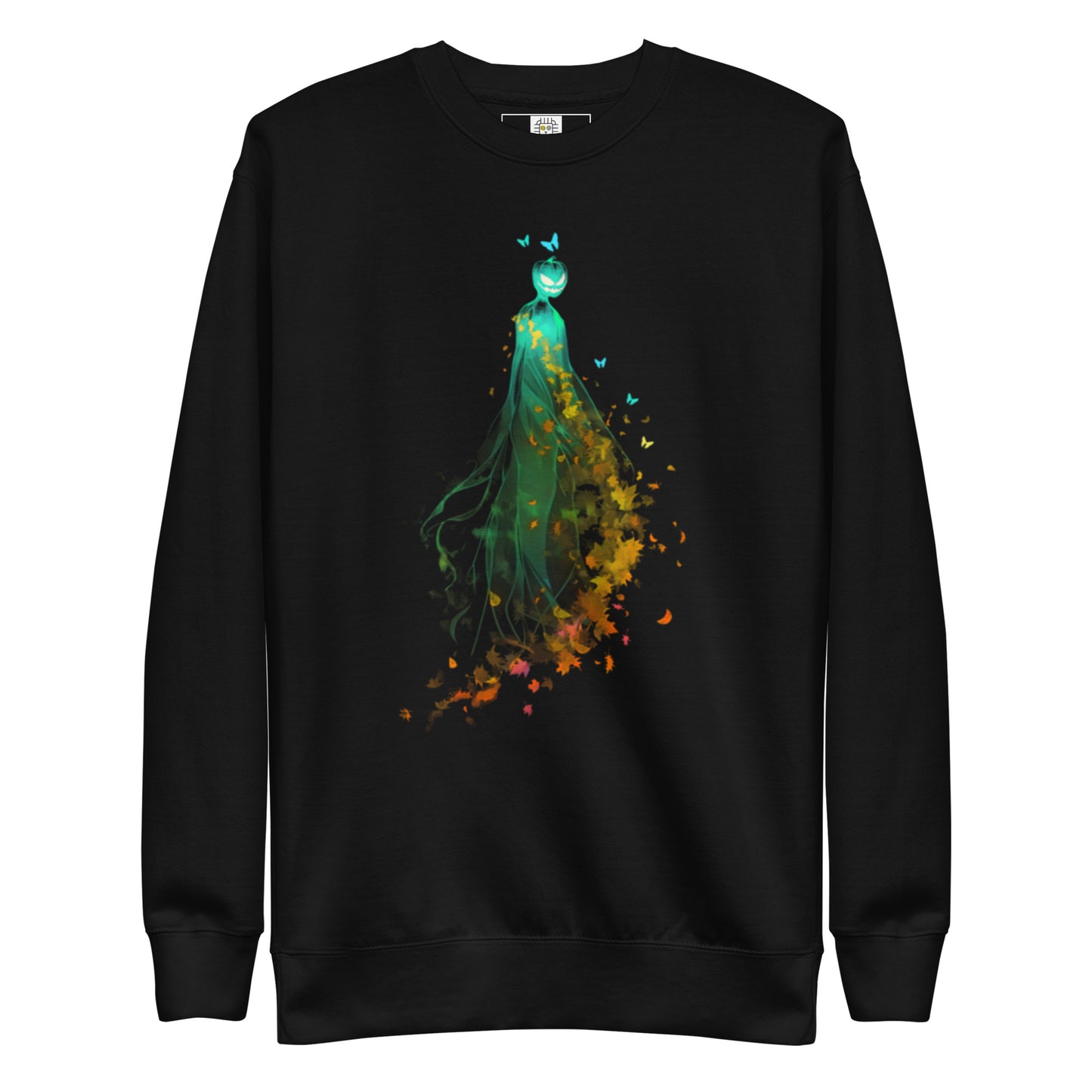 Black sweatshirt with pumpkin spirit and autumn leaves Halloween design (flat lay).