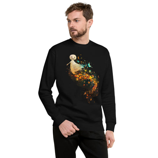 Man wearing black sweatshirt with happy pumpkin ghost and autumn leaves Halloween design.