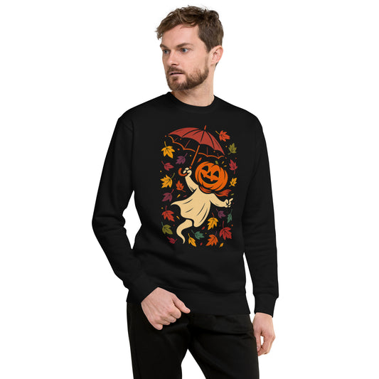Man wearing black sweatshirt with pumpkin ghost and umbrella Halloween design.