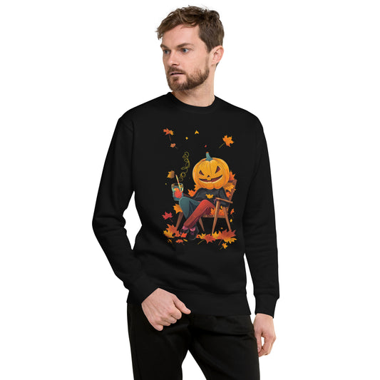 White unisex T-shirt with Chill Pumpkin Vibes design, worn by male model, Halloween-themed pumpkin illustration.