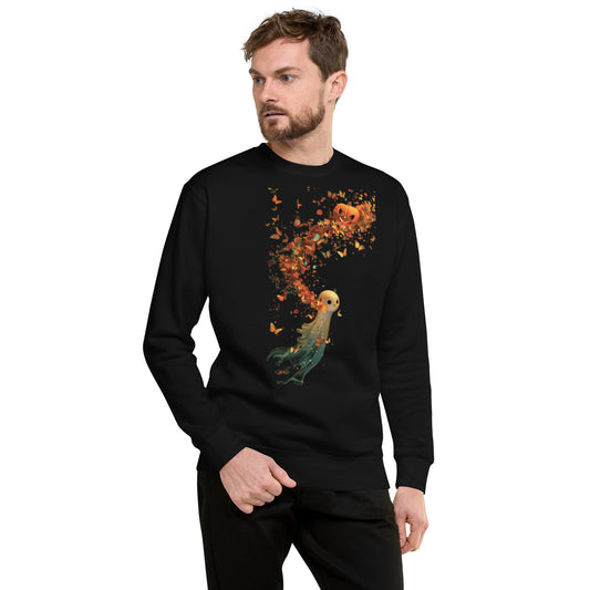 Man wearing a black sweatshirt with a pumpkin ghost and falling leaves print.