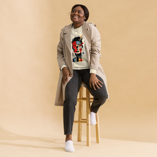 Woman wearing beige sweatshirt with bold abstract art portrait from Mindful Moments Collection