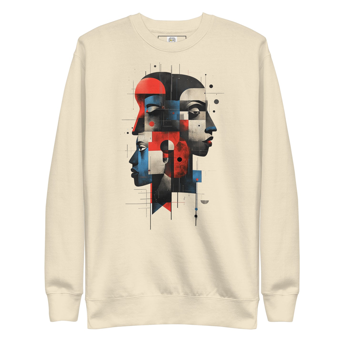 Beige unisex sweatshirt with large abstract dual face geometric portrait print on the front