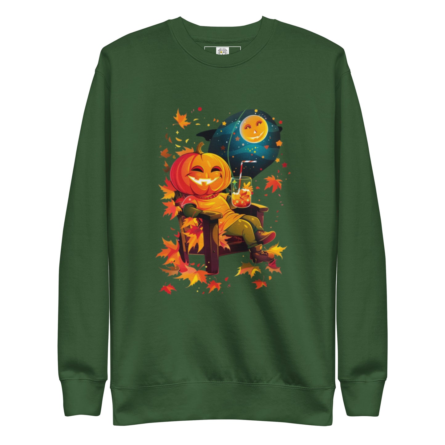 Green sweatshirt with pumpkin throne Halloween print (flat lay).