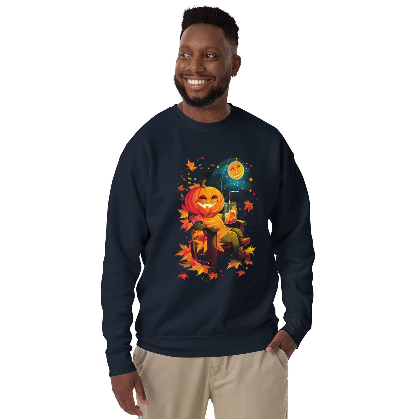 Man wearing navy sweatshirt with pumpkin throne Halloween print.
