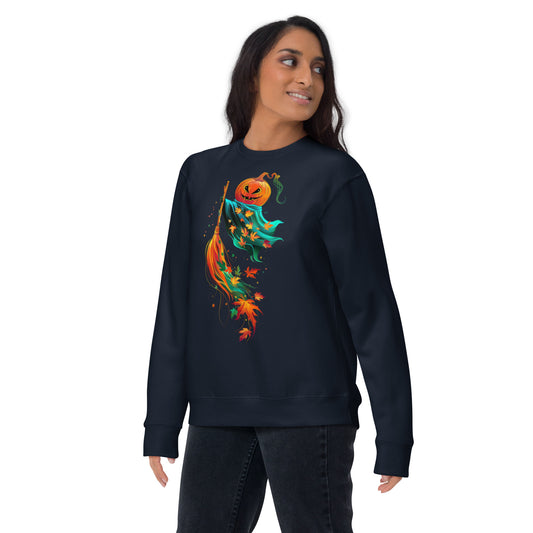 Woman wearing navy sweatshirt with pumpkin flying on broom Halloween design.