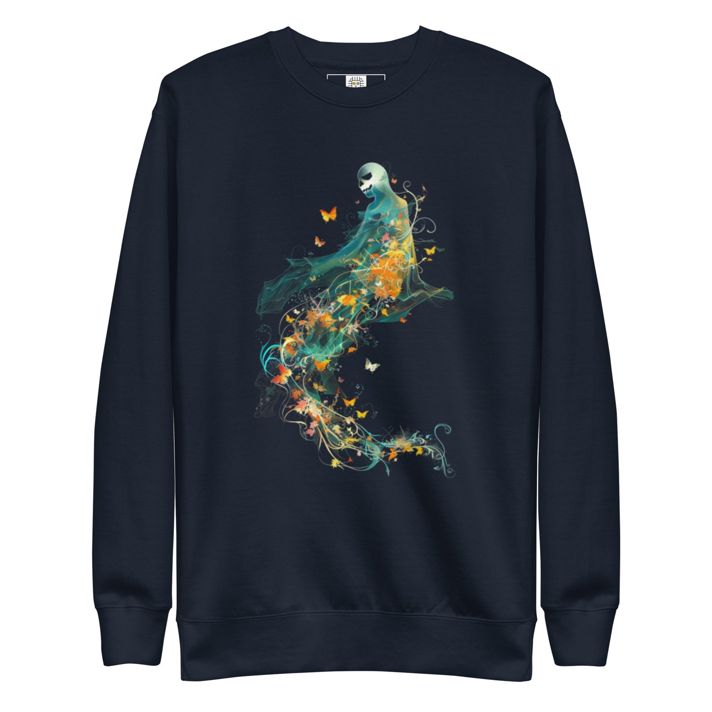 Navy sweatshirt with ghost and autumn butterflies Halloween design (flat lay).