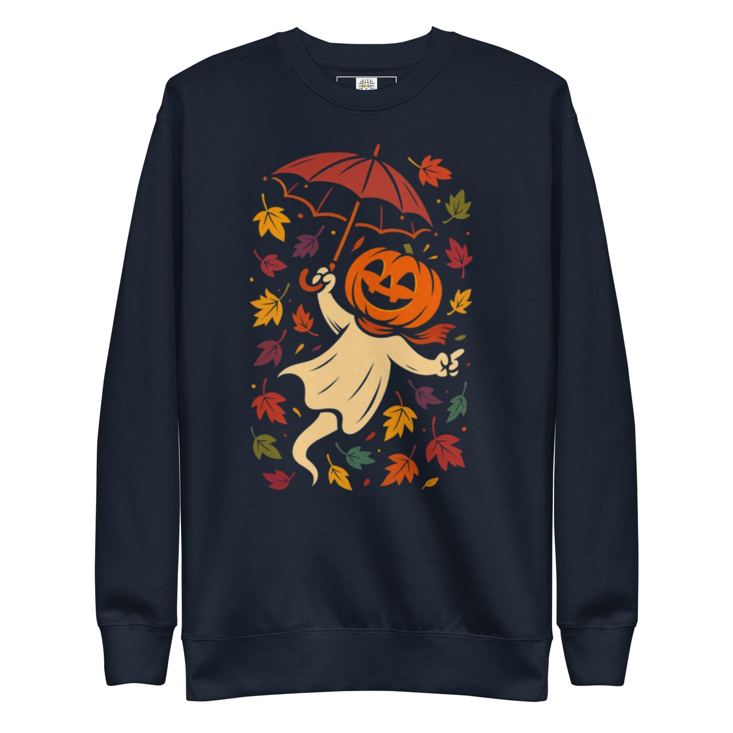 Navy sweatshirt with pumpkin ghost and umbrella Halloween design.