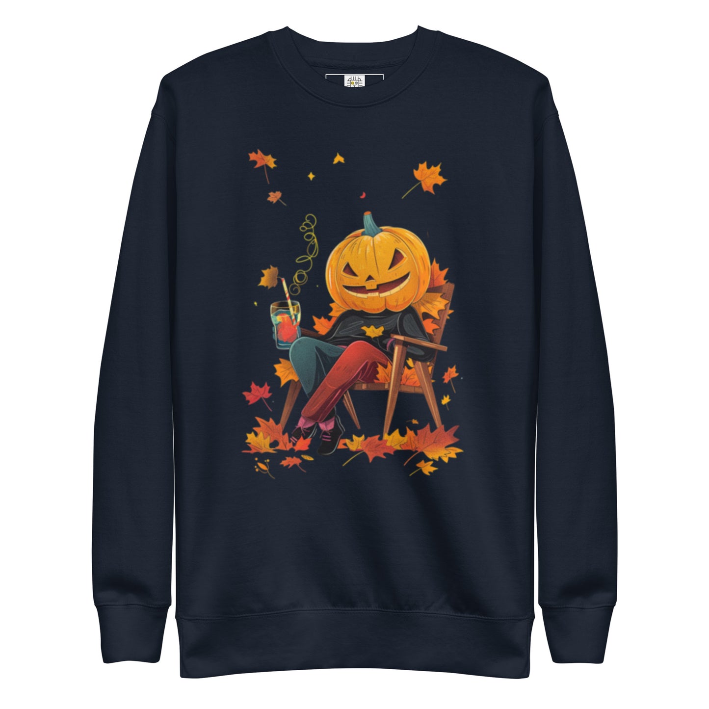 Blue unisex T-shirt with Chill Pumpkin Vibes pumpkin and leaves design, Scary Halloween Collection.