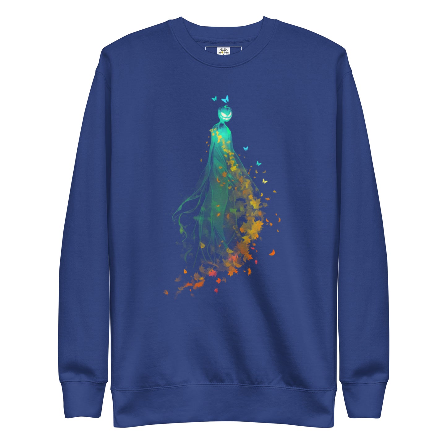 Blue sweatshirt with pumpkin spirit and autumn leaves Halloween design (flat lay).
