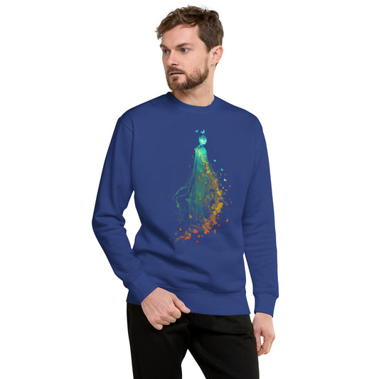 Man wearing blue sweatshirt with pumpkin spirit and autumn leaves Halloween design.