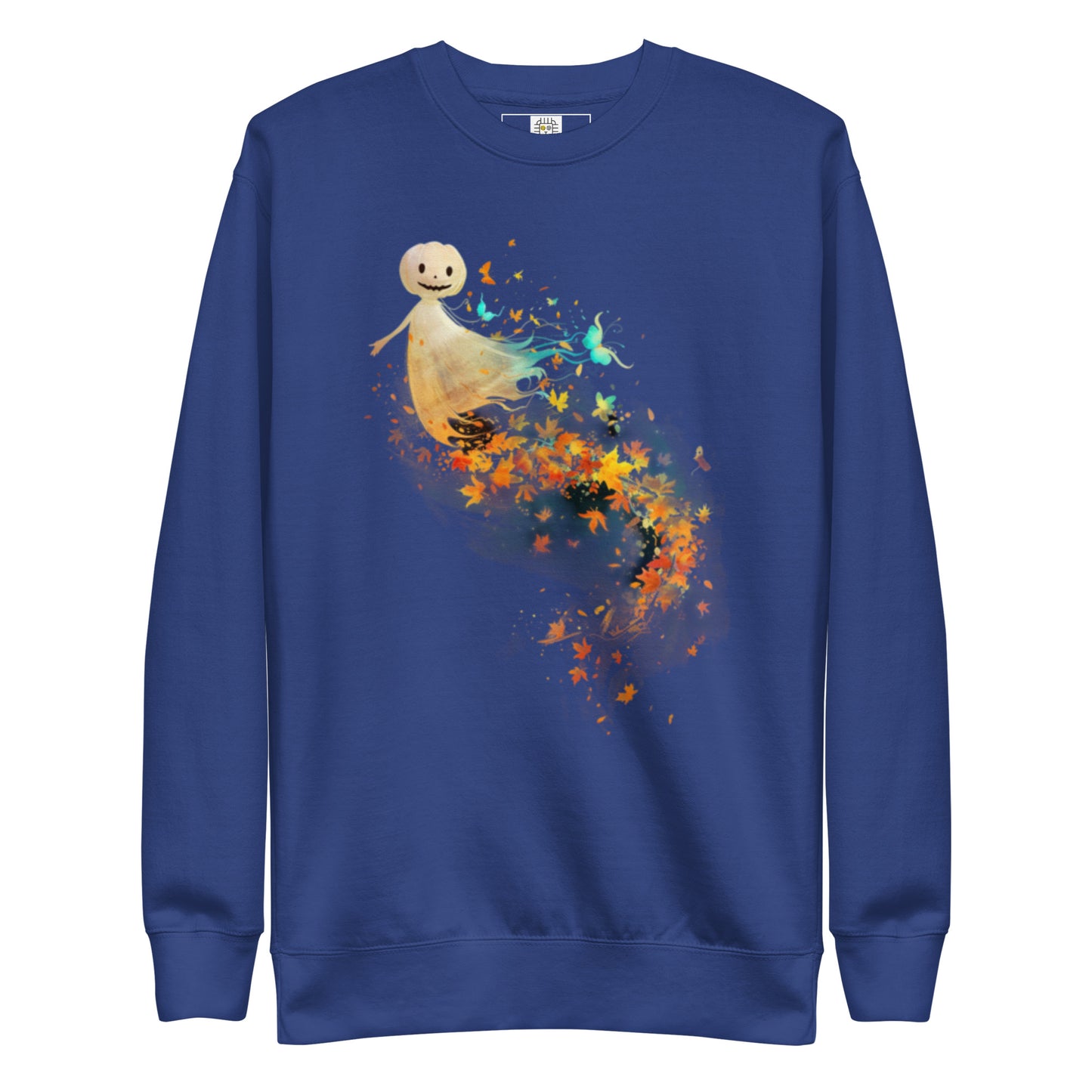 Blue sweatshirt with happy pumpkin ghost and autumn leaves Halloween design (flat lay).