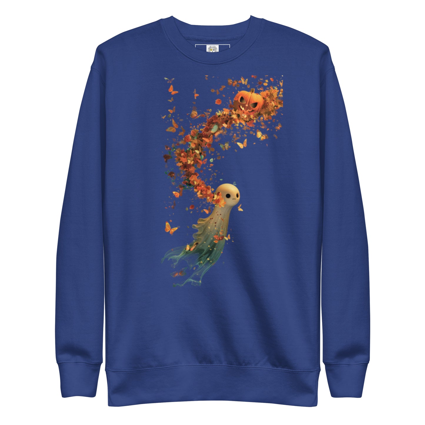 Royal blue sweatshirt laid flat showing pumpkin ghost and floating leaf design.