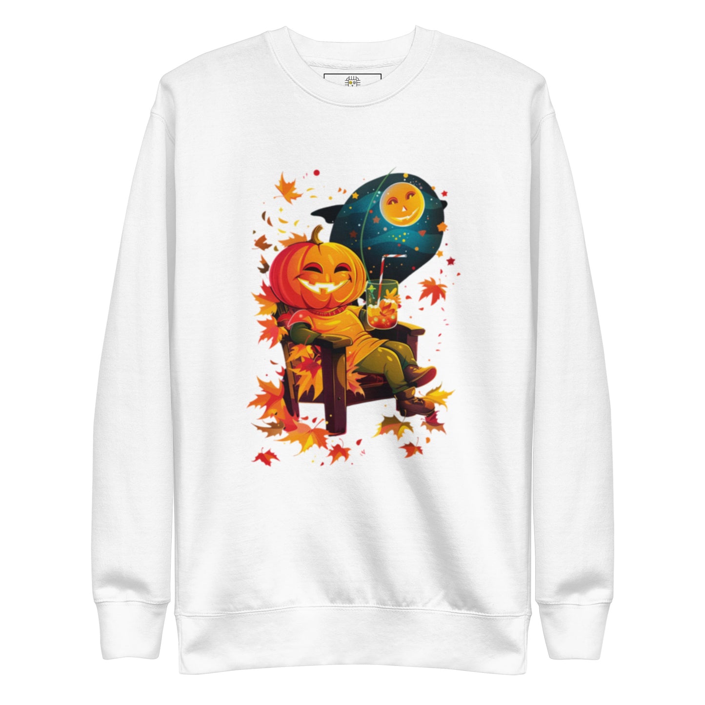 White sweatshirt with pumpkin throne Halloween print (flat lay).