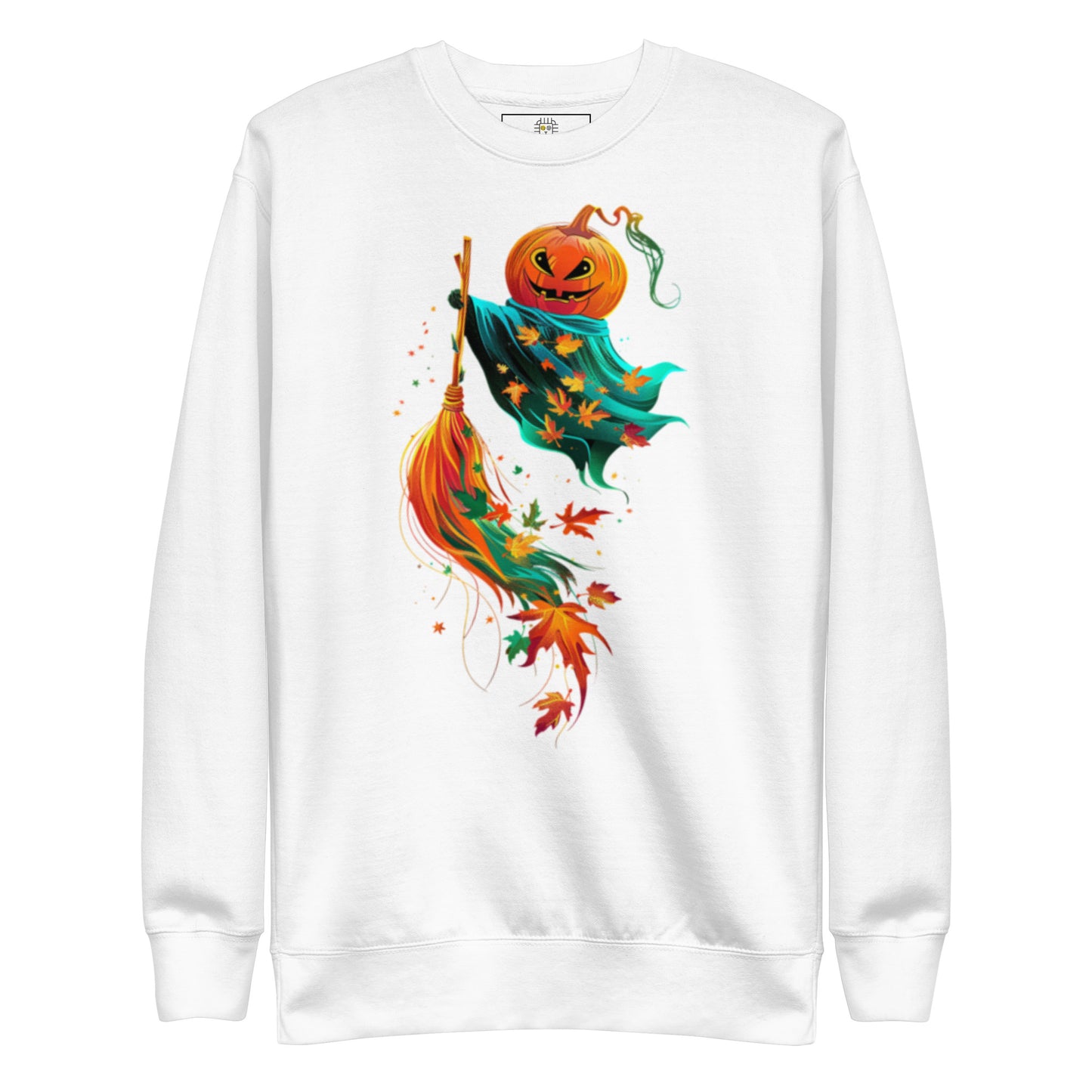 White sweatshirt with pumpkin flying on broom Halloween design (flat lay).