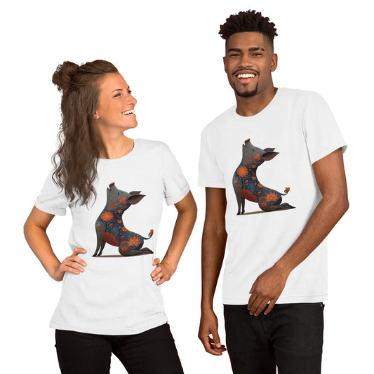 man and woman wearing white t shirts with geometric animal illustration casual outfit