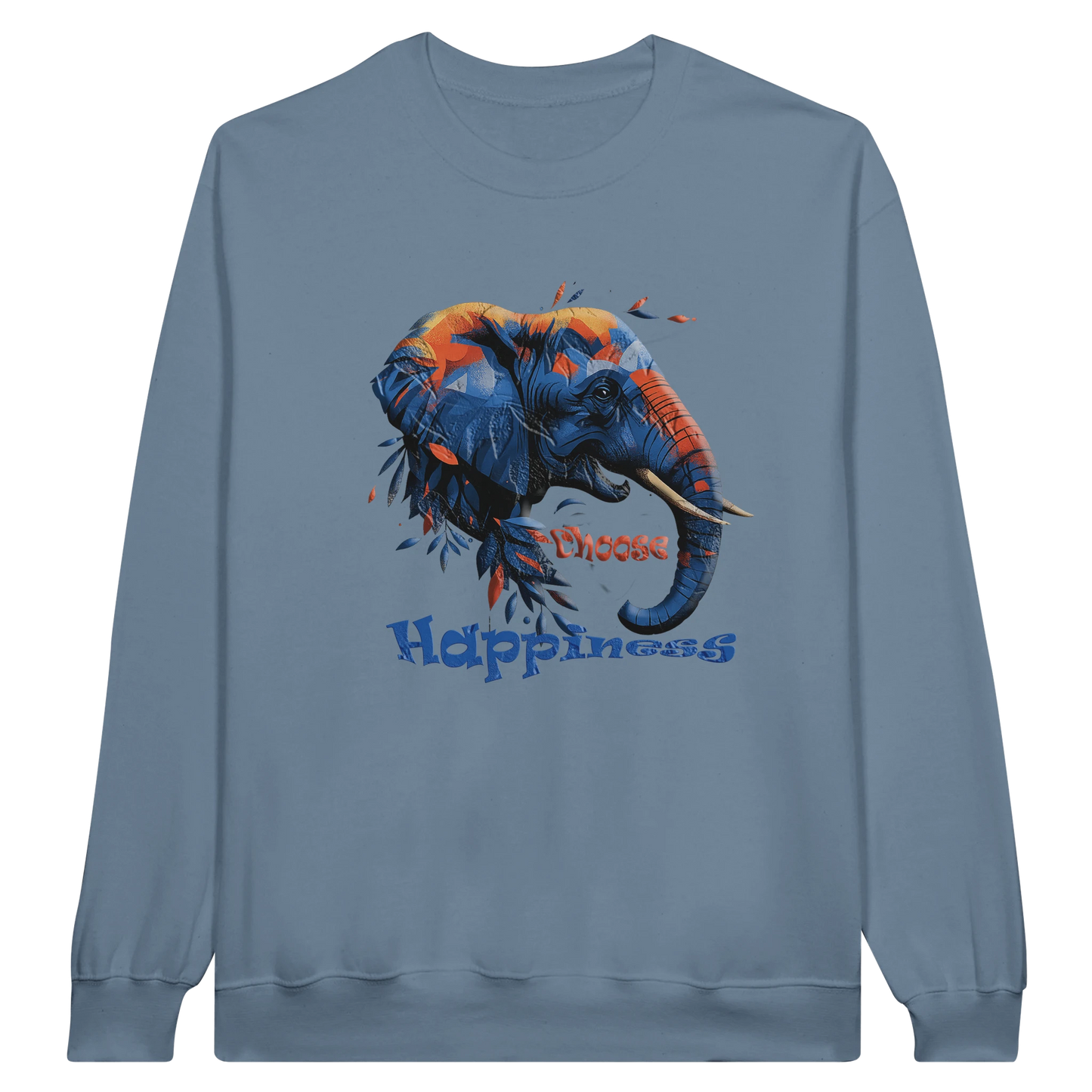 Front view — light blue sweatshirt with “Choose Happiness” elephant graphic design