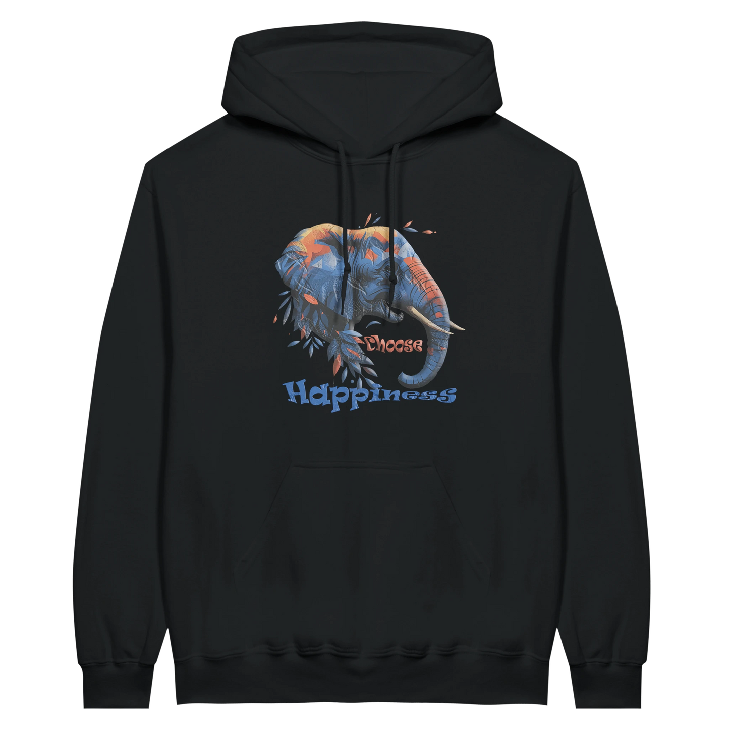 Front view — black hoodie with “Choose Happiness” elephant graphic design.