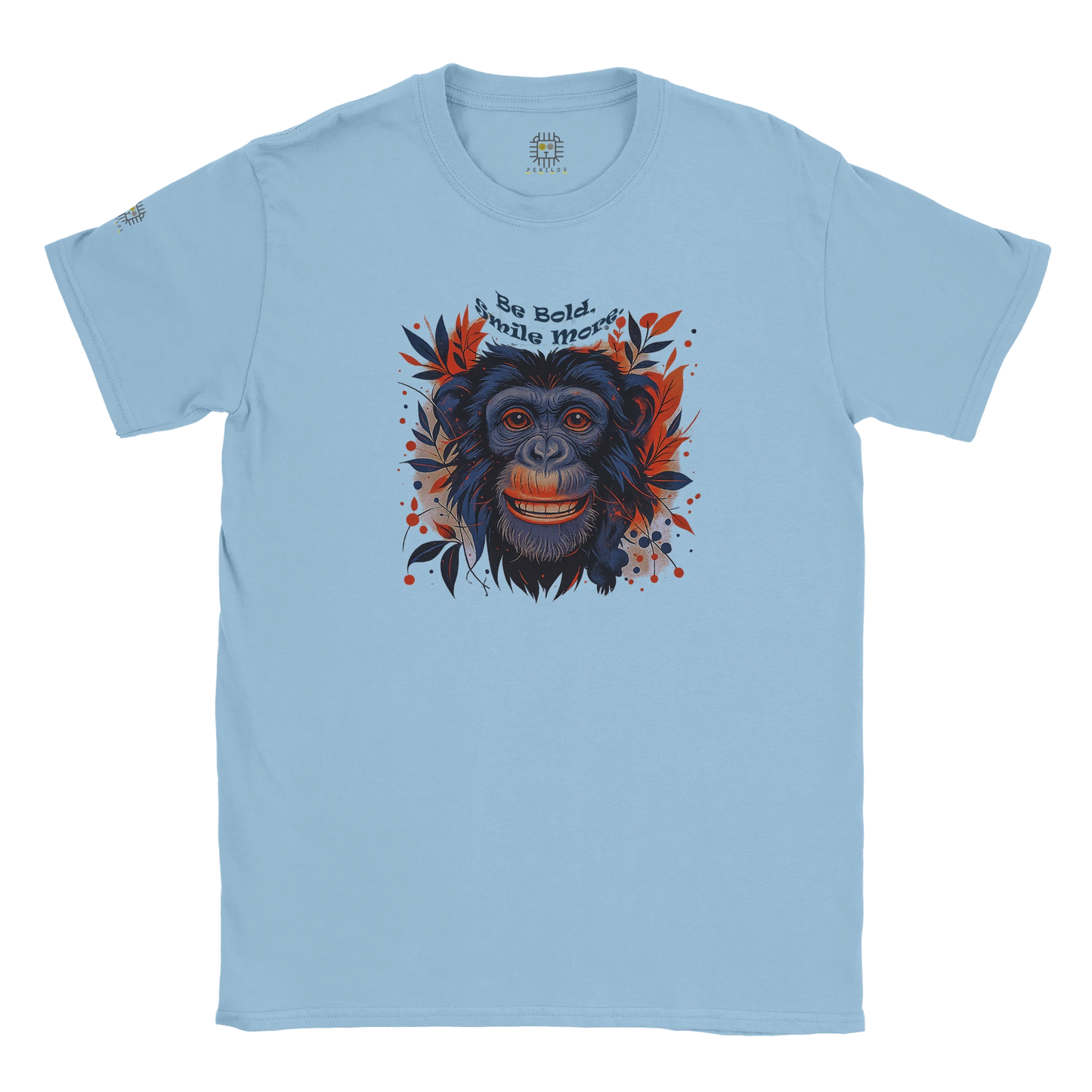 Light blue unisex T-shirt with a chimpanzee illustration and slogan “Be Wild Stay Free,” displayed flat.