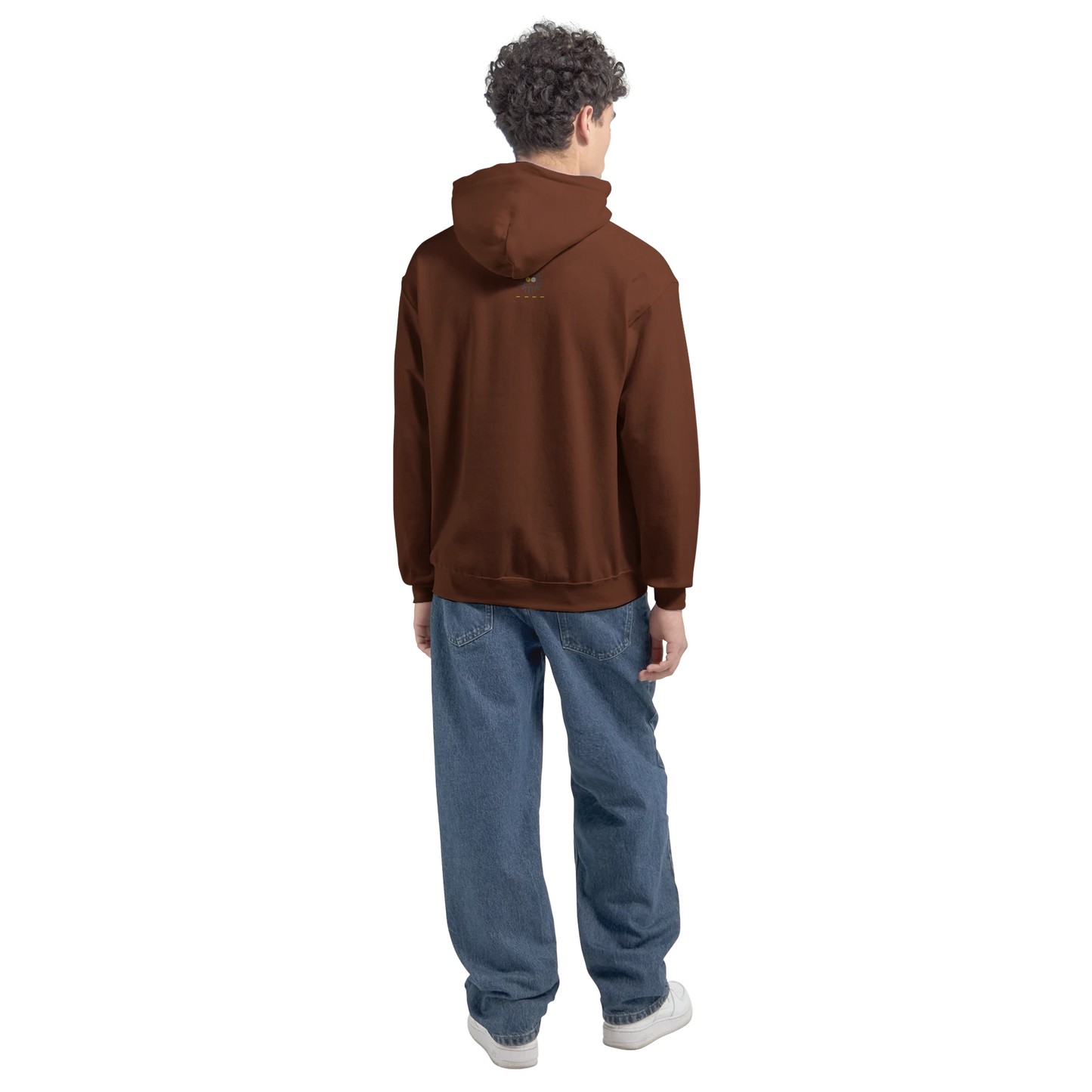 Male model wearing brown hoodie with monkey design, back view.
