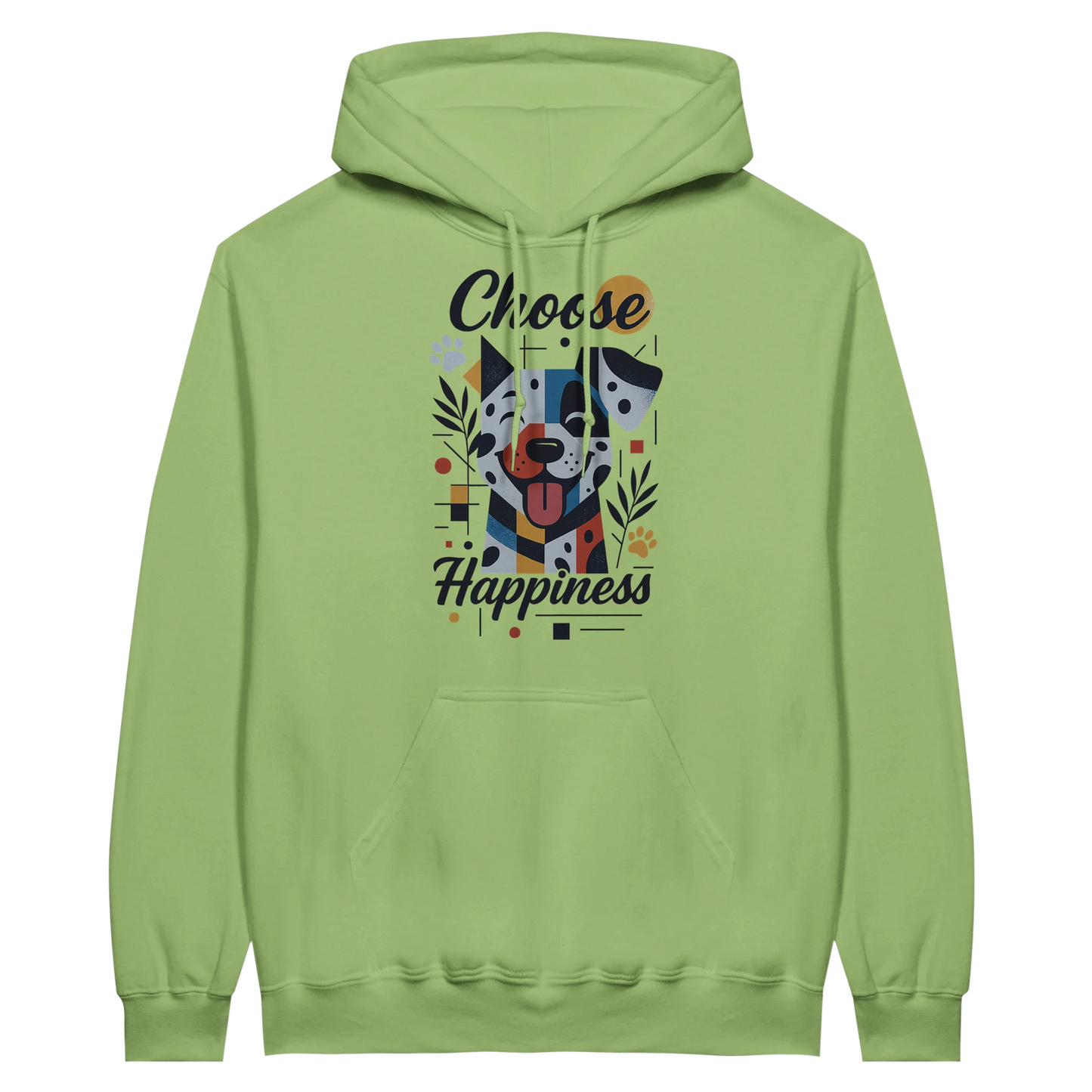 Front view — light green hoodie with dog illustration and text “Choose Happiness.”