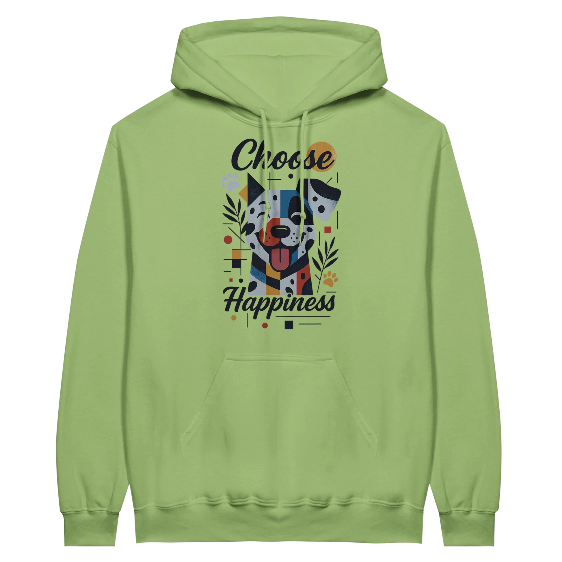Front view — light green hoodie with dog illustration and text “Choose Happiness.”