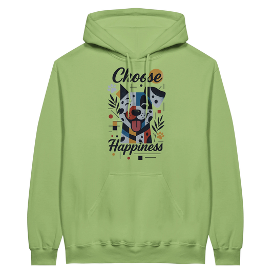 Front view — light green hoodie with dog illustration and text “Choose Happiness.”