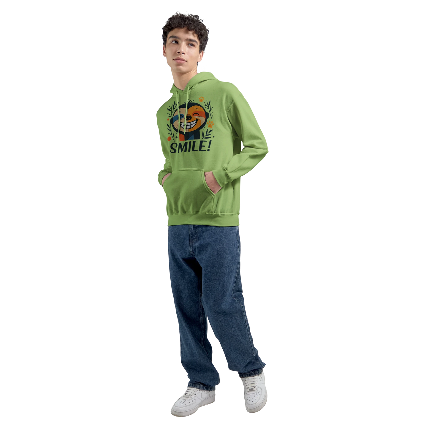 Male model wearing green hoodie with sloth design, front view.