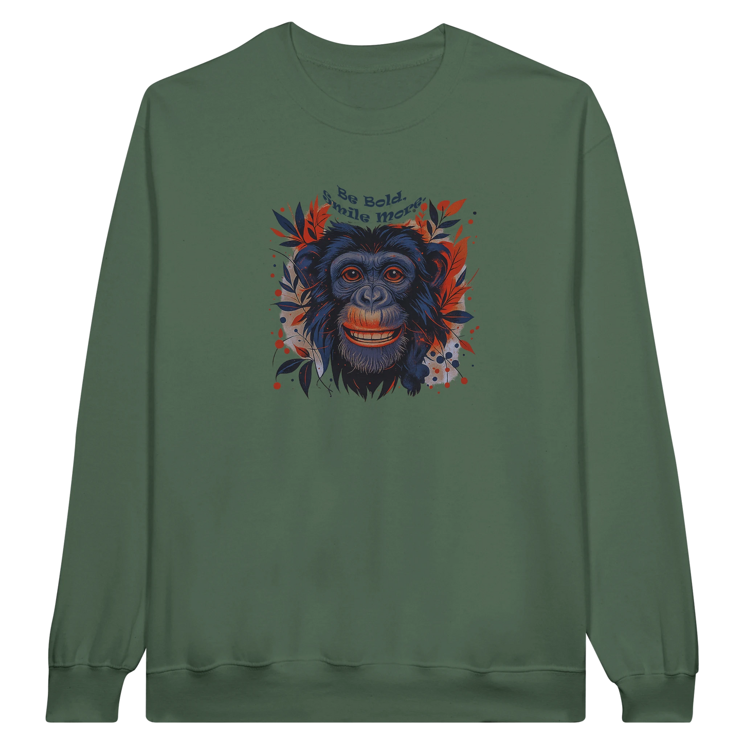 Front view — green sweatshirt with colorful chimpanzee graphic design and text.
