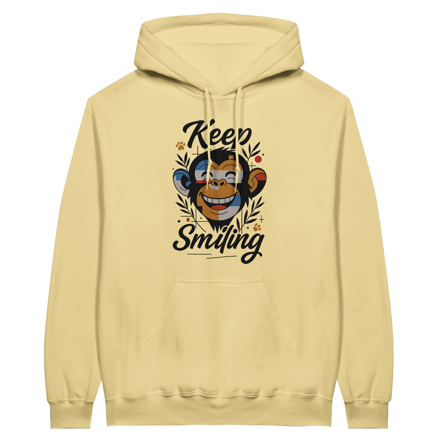 Yellow hoodie featuring playful monkey design and positive text.