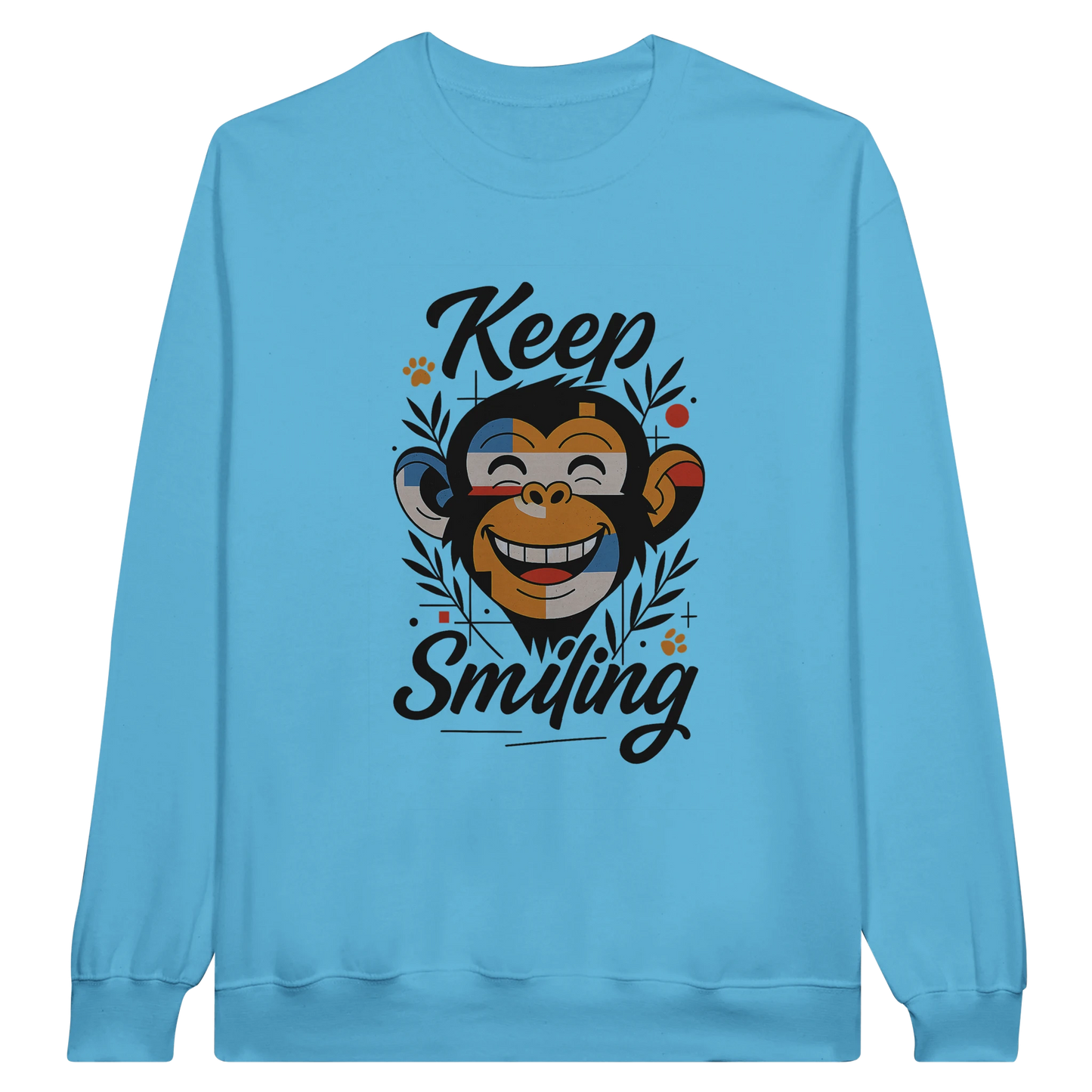 Front view — light blue sweatshirt with “Keep Smiling” monkey graphic design.