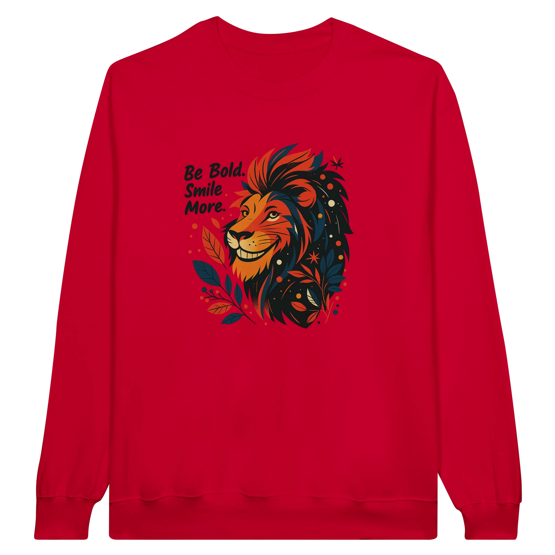 Red sweatshirt with a playful monkey illustration in vibrant colors, combined with the uplifting message “Be Bold, Smile More.” A fun and bold design that adds energy to casual outfits.