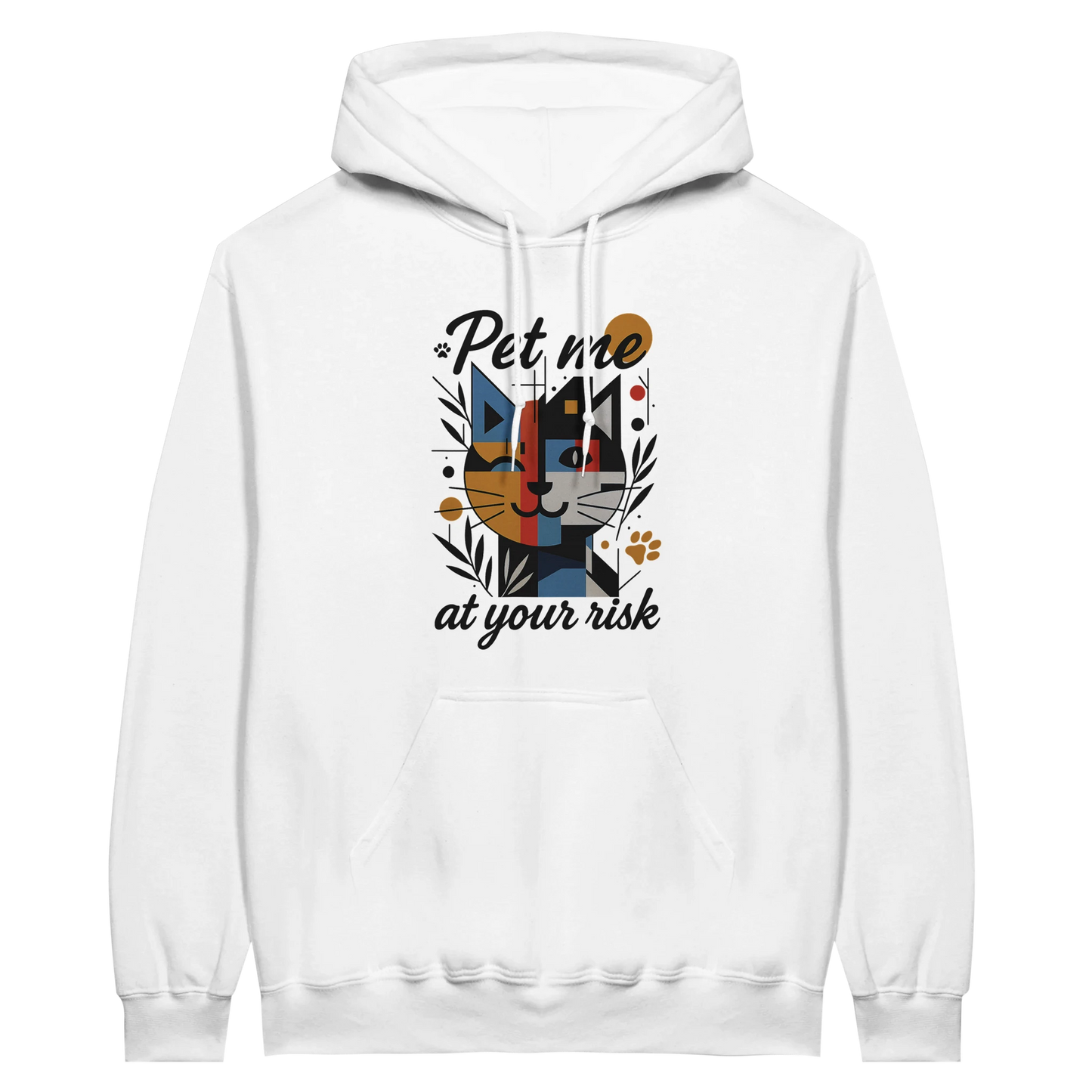 Front view — white hoodie with cat graphic and text “Pet me at your risk.”