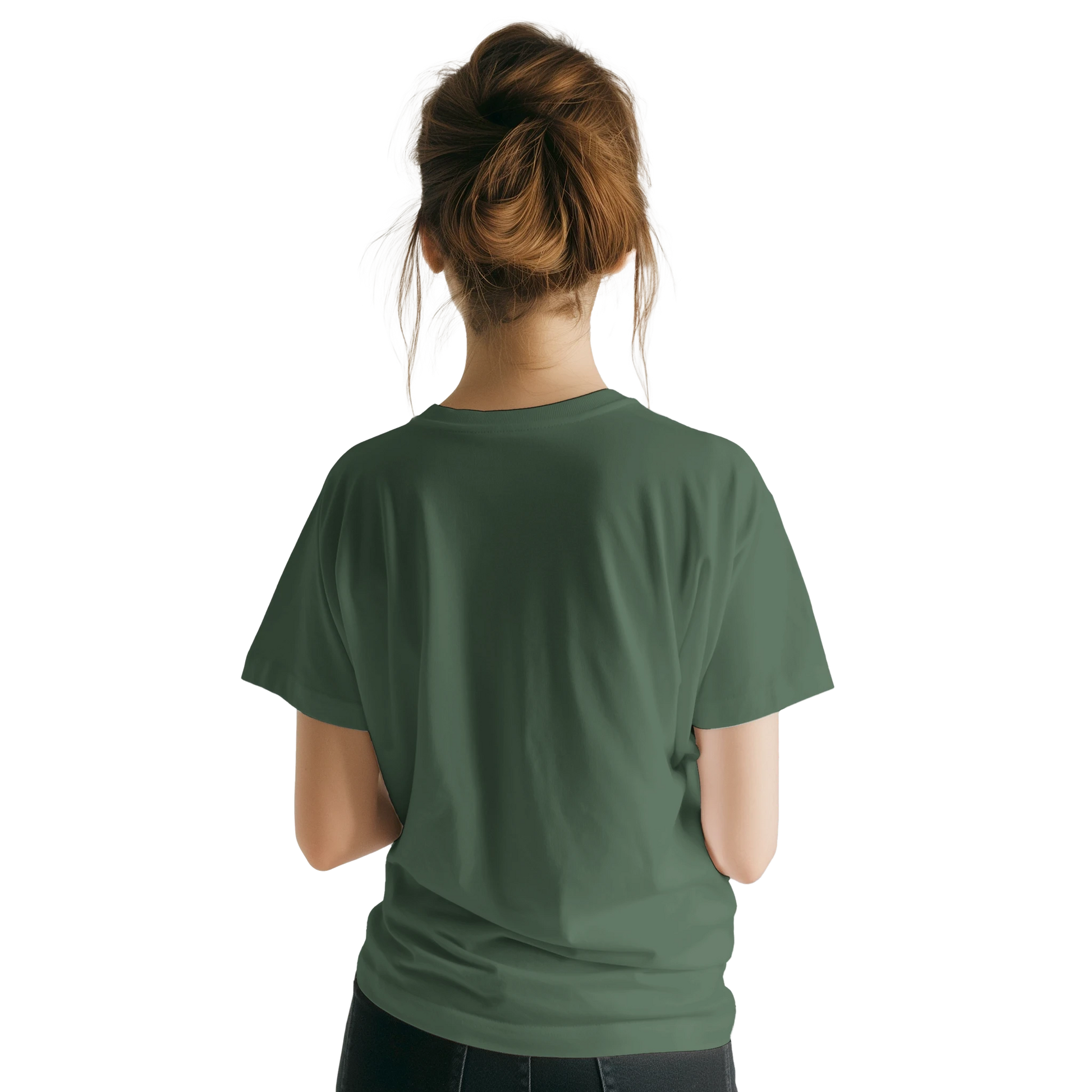 Female model wearing green T-shirt — back view; plain, no print.