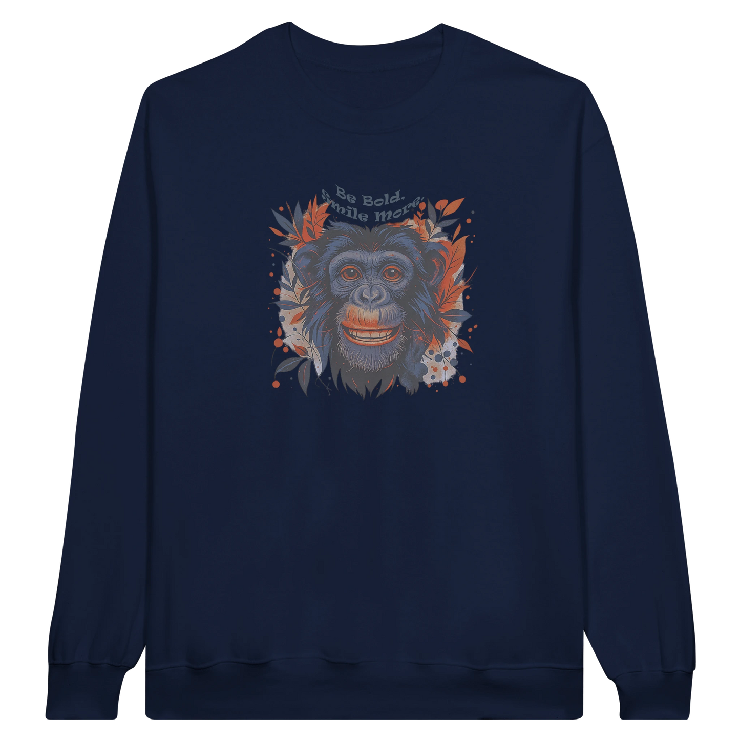 Front view — navy blue sweatshirt with colorful chimpanzee graphic design and text.