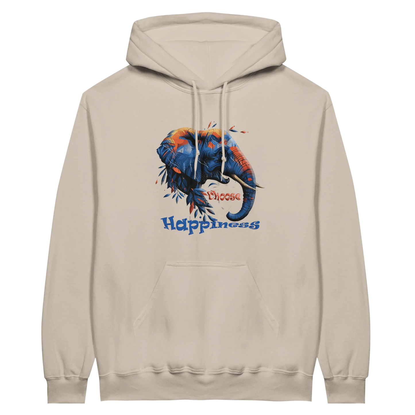 Front view — beige hoodie with “Choose Happiness” elephant graphic design.