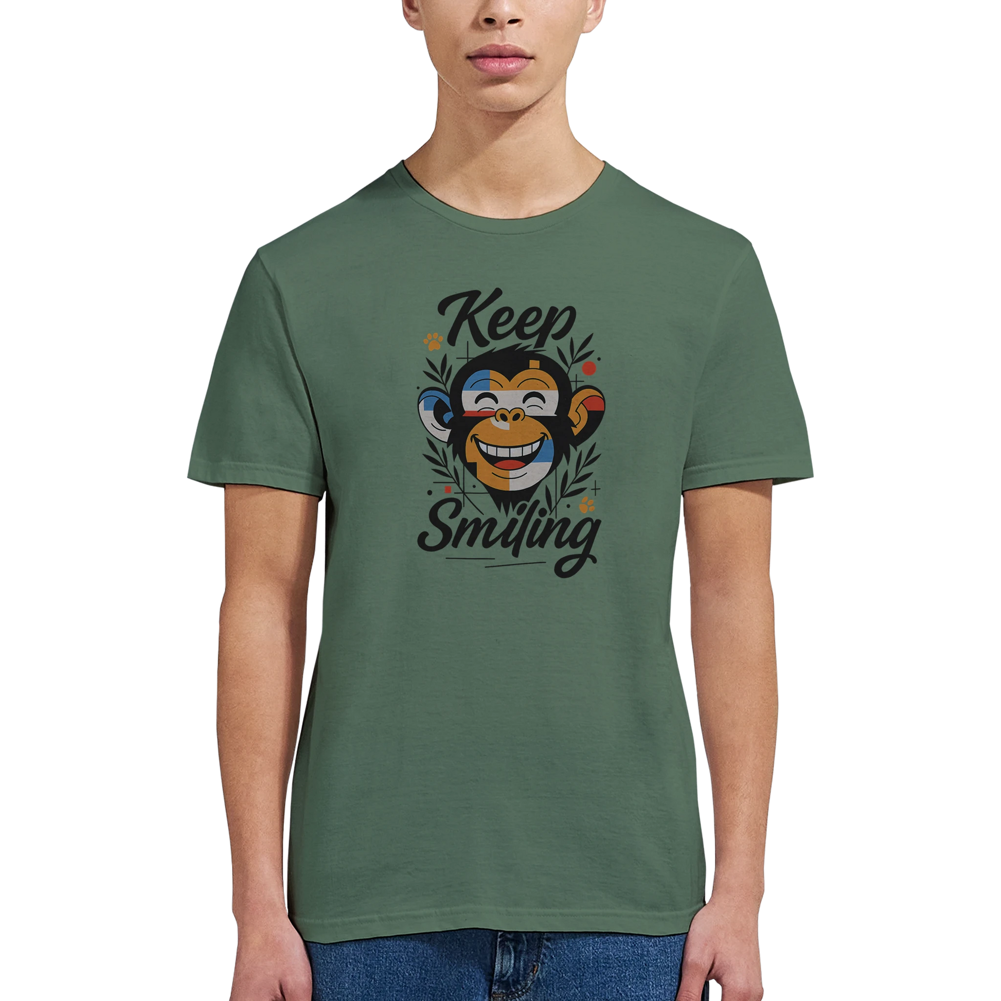 Male model wearing green T-shirt — front view; smiling monkey graphic with Keep Smiling text.