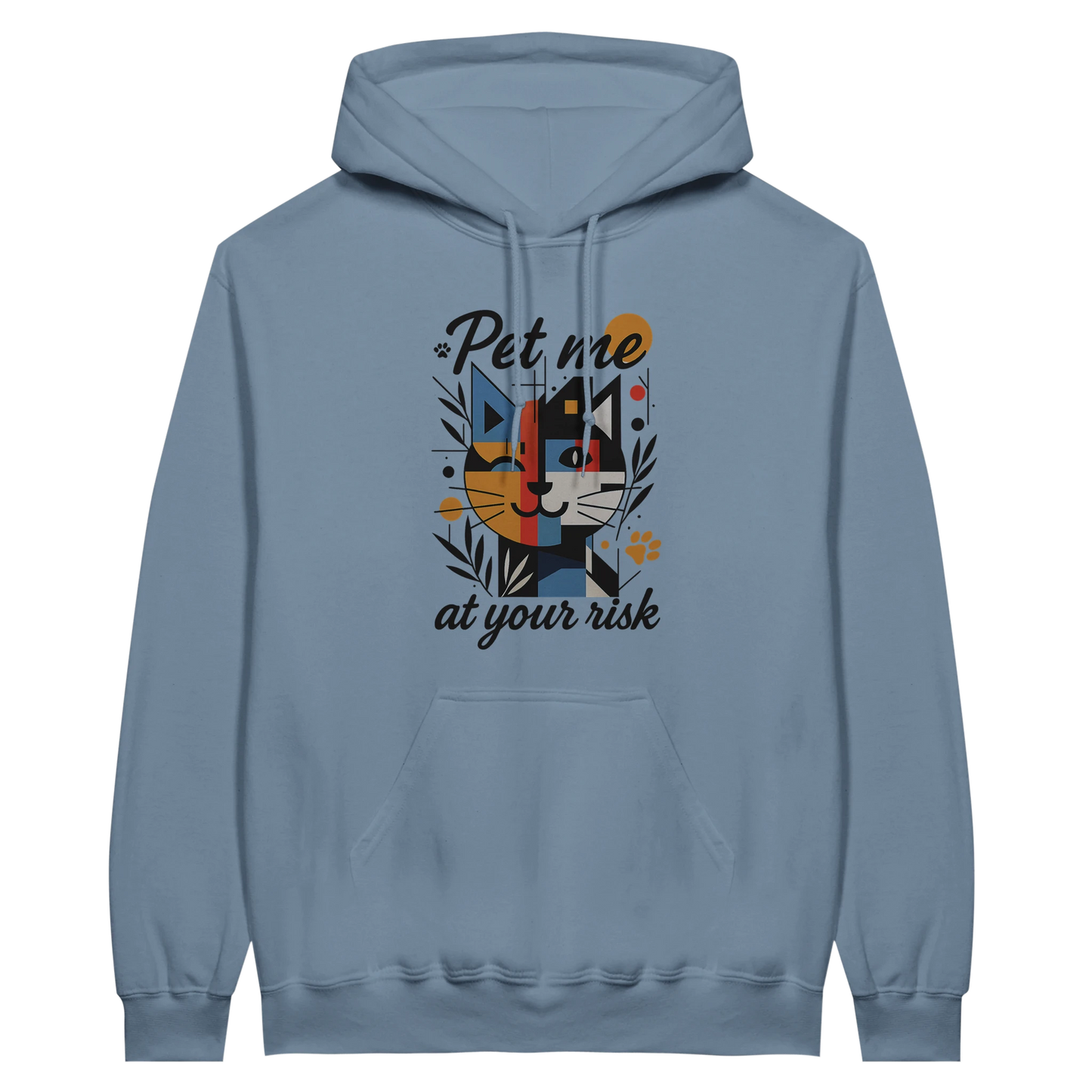 Front view — red hoodie with cat graphic and text “Pet me at your risk.”