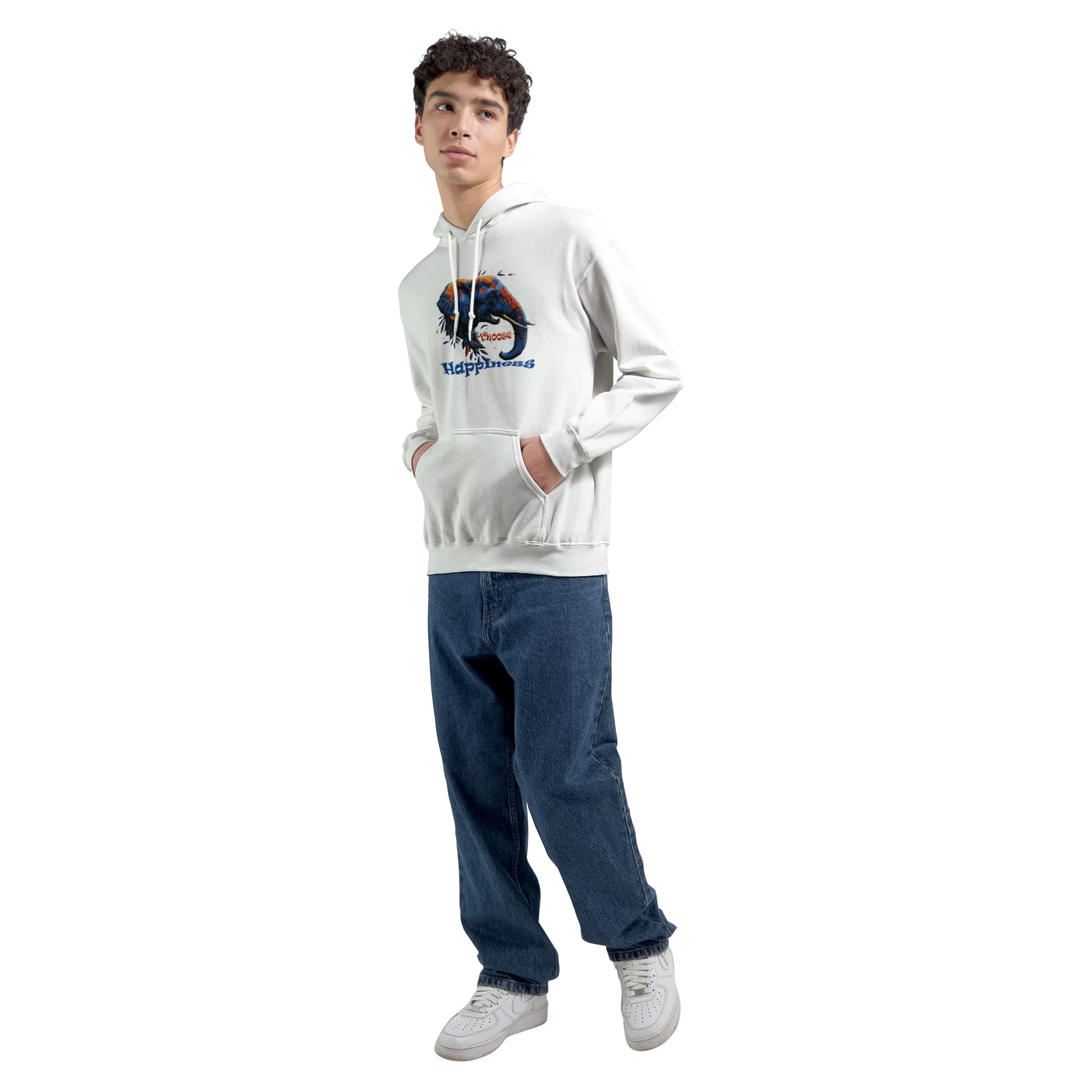 Male model front view — wearing white hoodie with “Choose Happiness” elephant design.