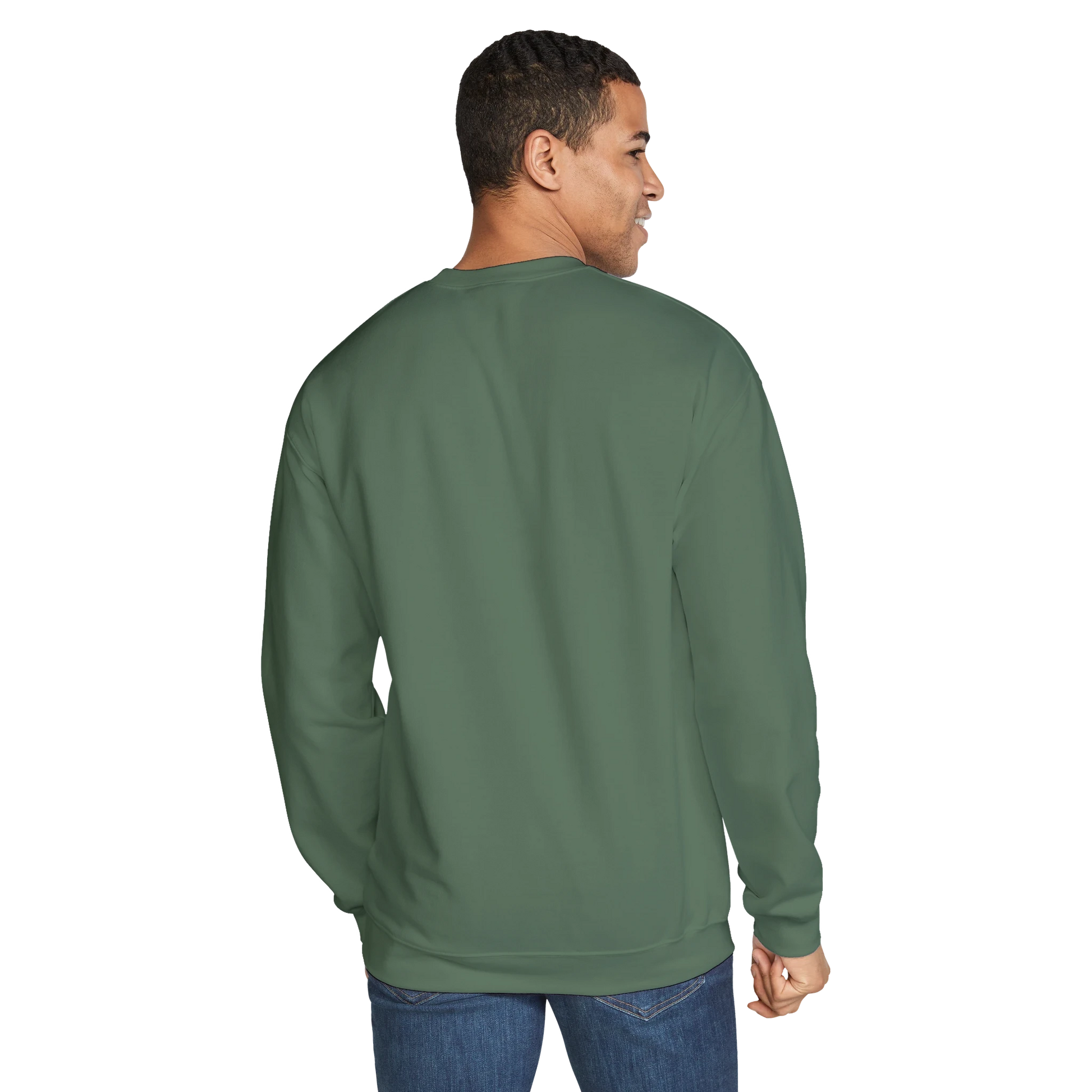 Back view (male model) — plain green sweatshirt, no print.
