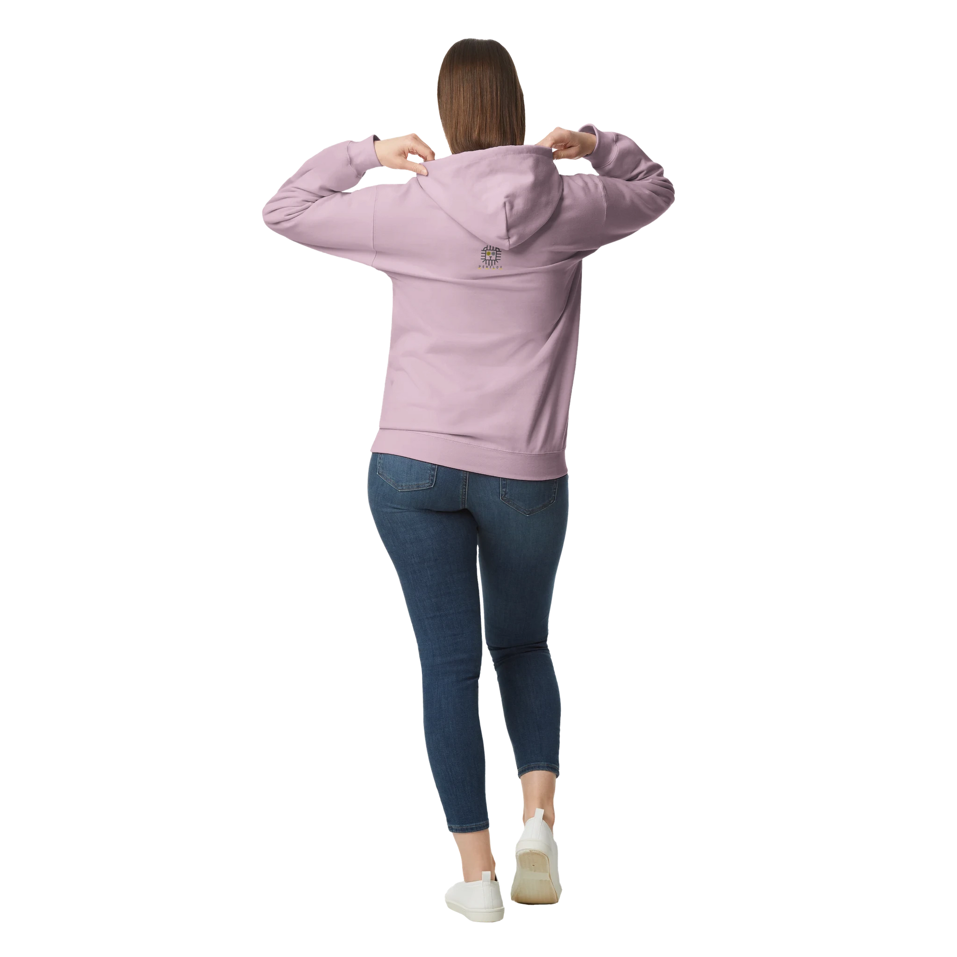 Female model wearing pink hoodie with chimpanzee artwork, back view.
