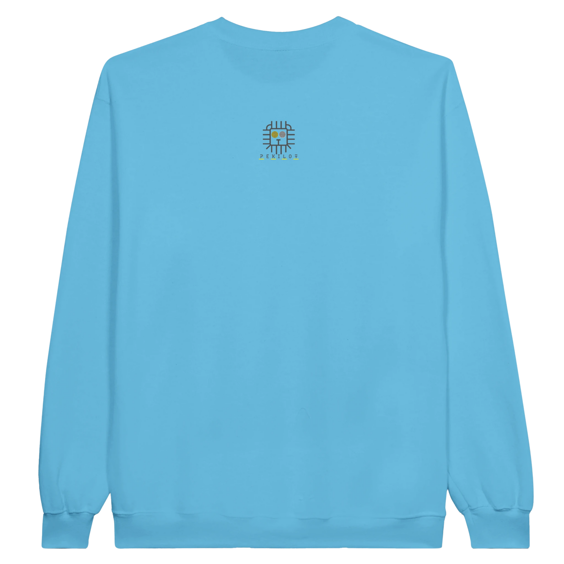 Back view — plain light blue sweatshirt, no print.
