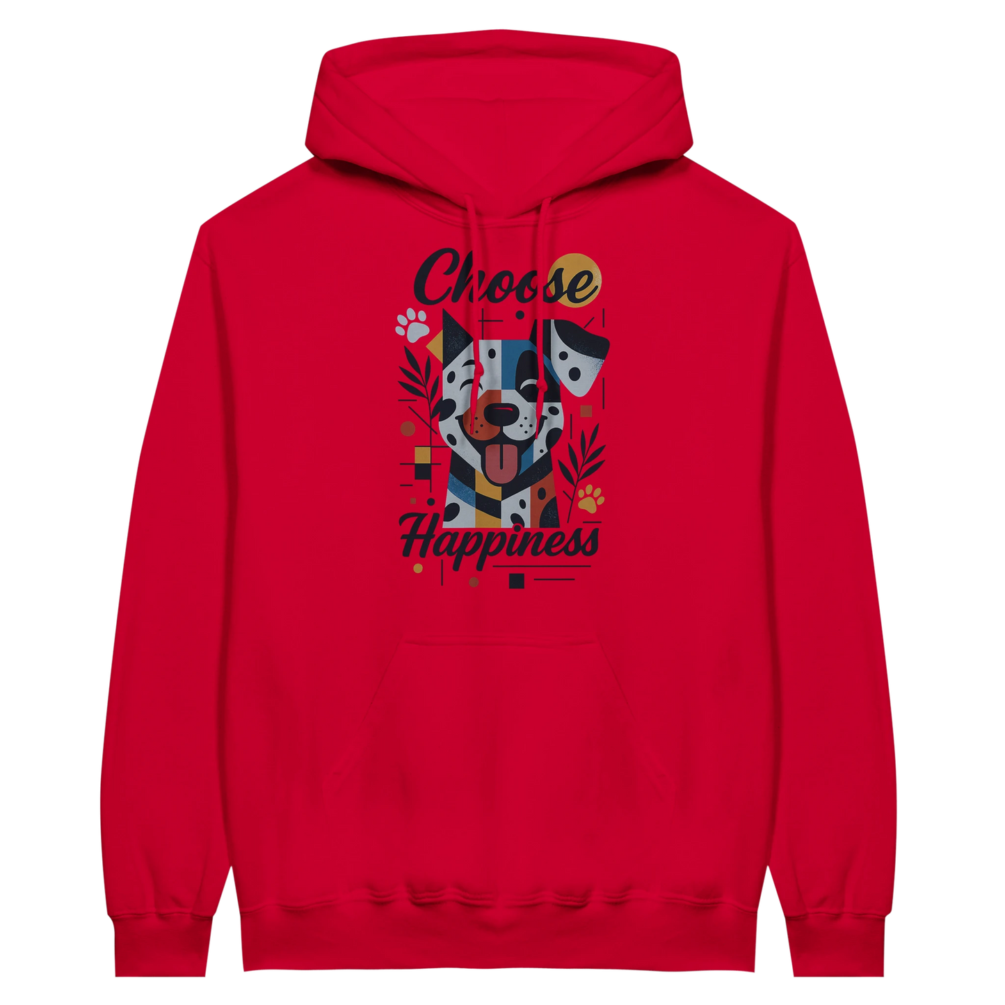 Front view — red hoodie with dog illustration and text “Choose Happiness.”