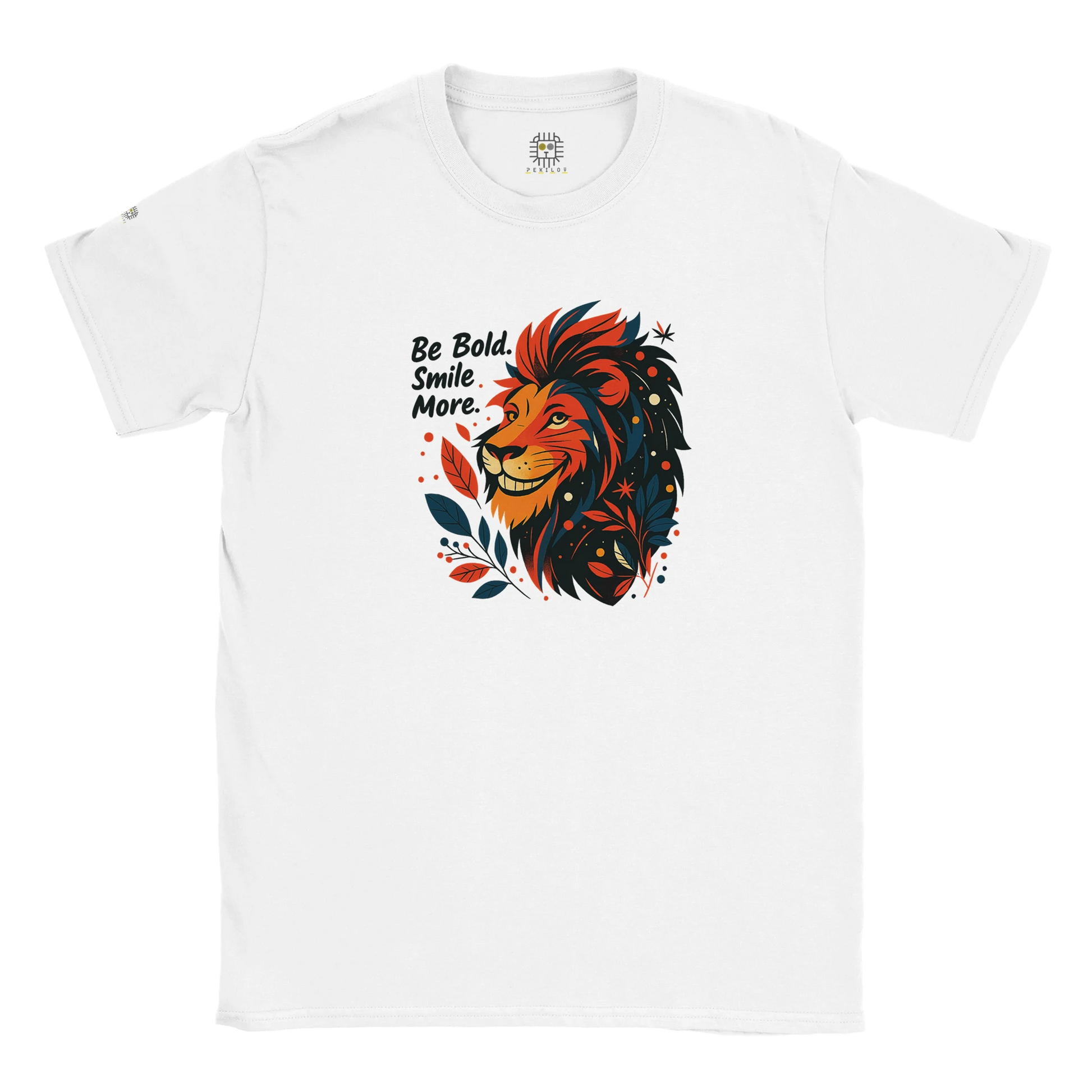 White unisex T-shirt with a lion illustration and slogan “Be Bold Stay Strong,” displayed flat.
